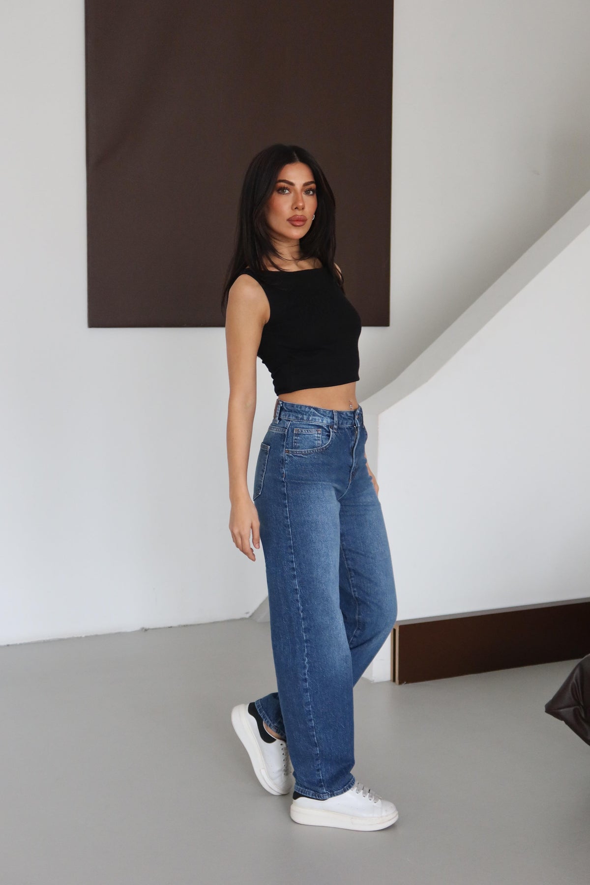 Pantalon Jean Albastru Talie Înaltă Cupa Semi-Balon