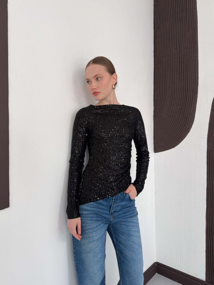 Sequined Long Sleeve Blouse - Black | F2060