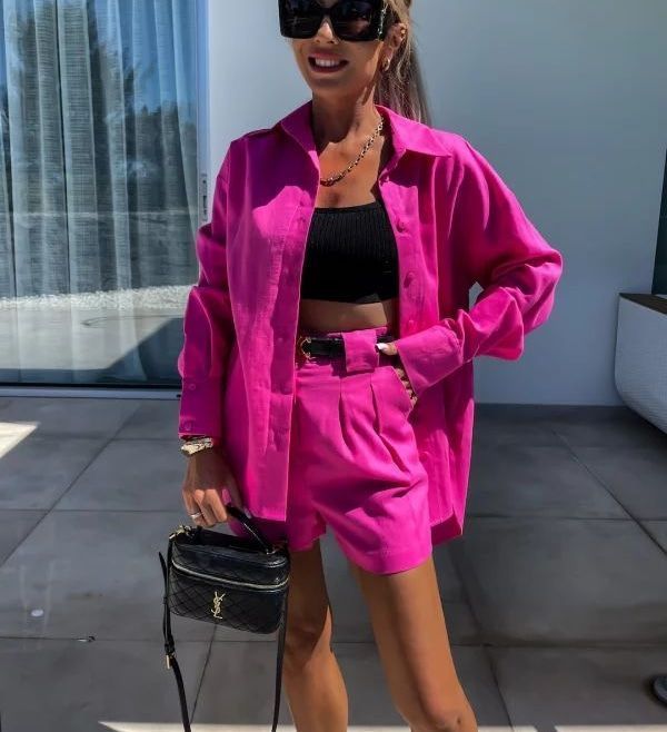 Belt Shirt Shorts Set - Fuchsia