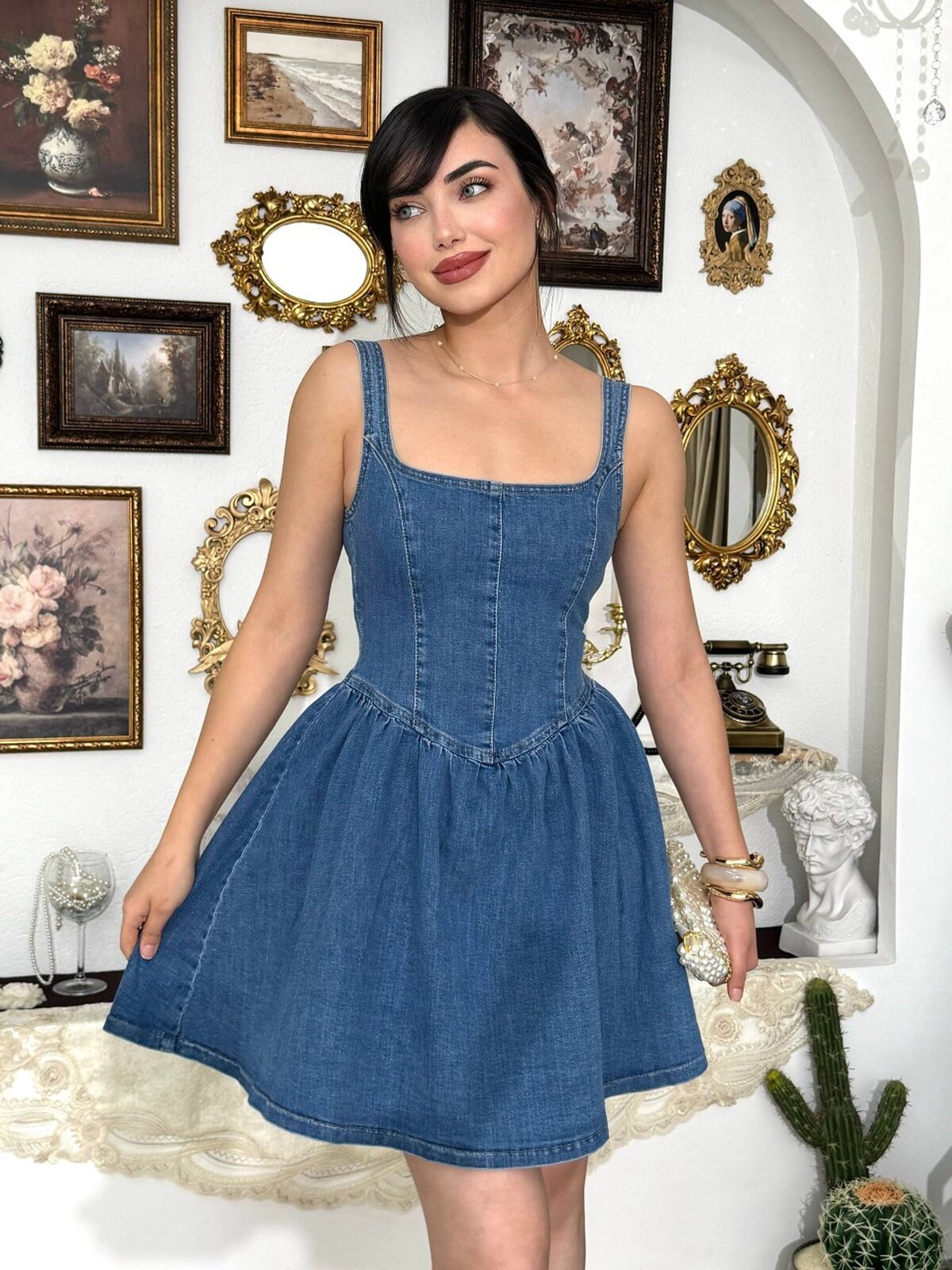 Rochie din denim cu fundă detaliată și volane