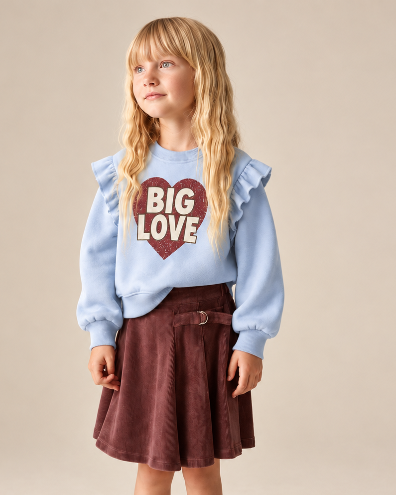 Kız Çocuk Big Love Kalp Baskılı Sweatshirt | Omuzları Fırfırlı | 3–9 Yaş | RG1793 - LACİVERT