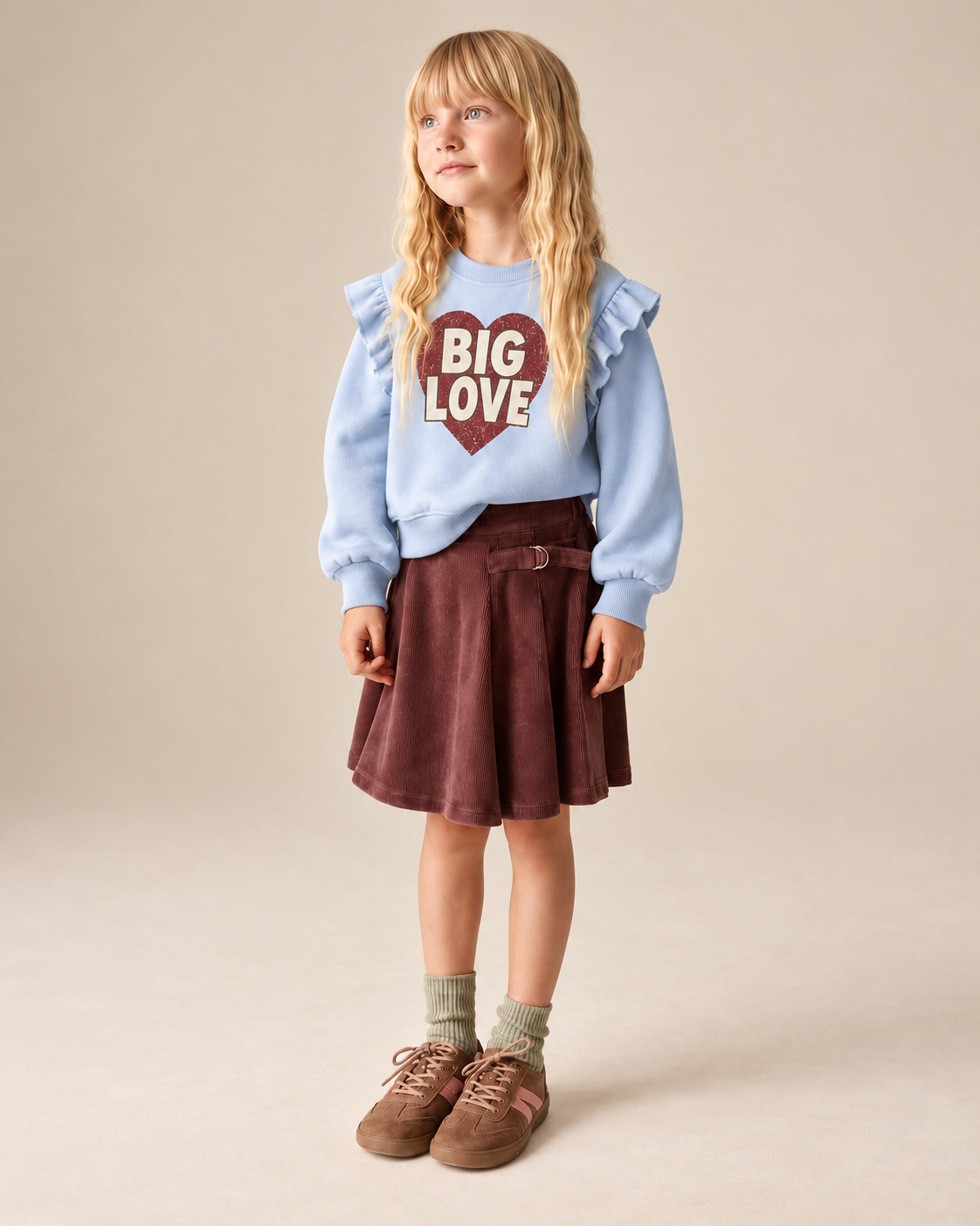 Kız Çocuk Big Love Kalp Baskılı Sweatshirt | Omuzları Fırfırlı | 3–9 Yaş | RG1793 - EKRU