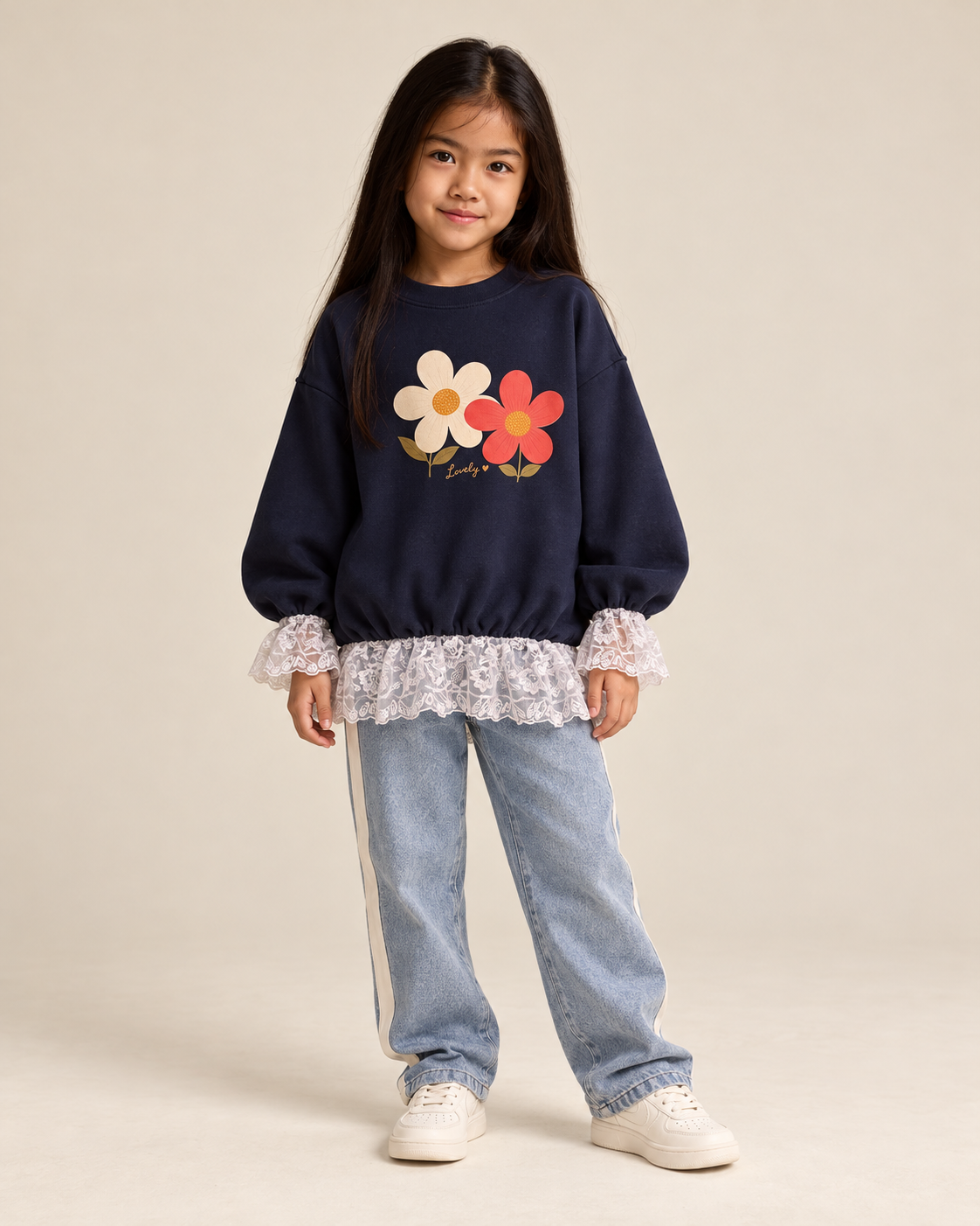 Kız Çocuk Sweatshirt | Papatya Baskılı Dantel Detaylı | 3–9 Yaş | Ekru, Pembe, Lacivert | RG1796 - LACİVERT