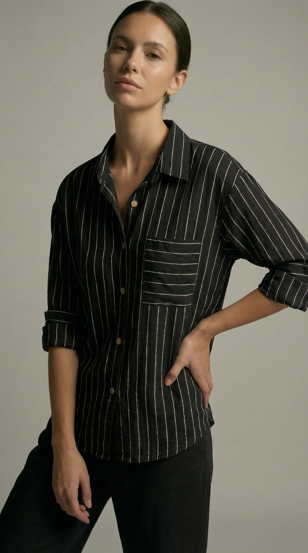 Black Striped Pocket Oversized Shirt