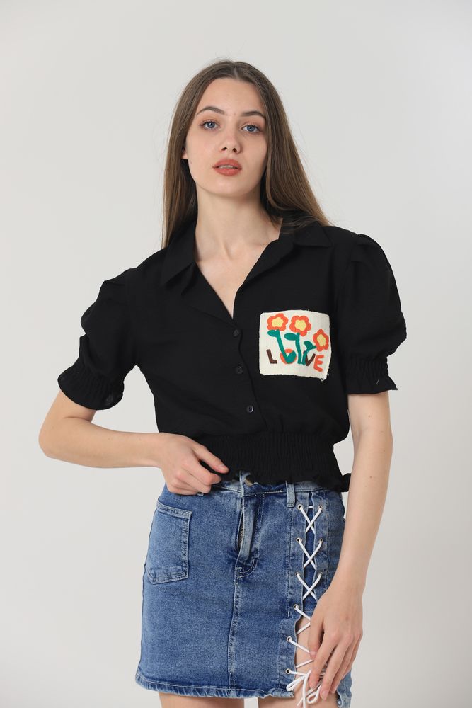 Topshow Black Embroidered Pocket Wholesale Shirt
