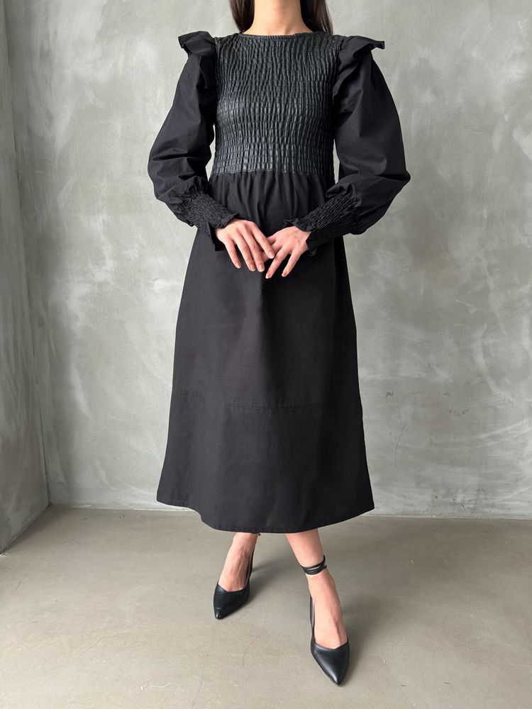 Rochie neagră Topshow cu mânecă din piele, en-gros, fustă din poplin, en-gros | F0843