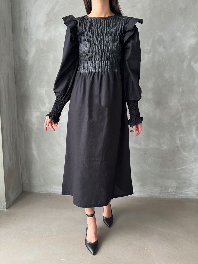 Rochie neagră Topshow cu mânecă din piele, en-gros, fustă din poplin, en-gros | F0843