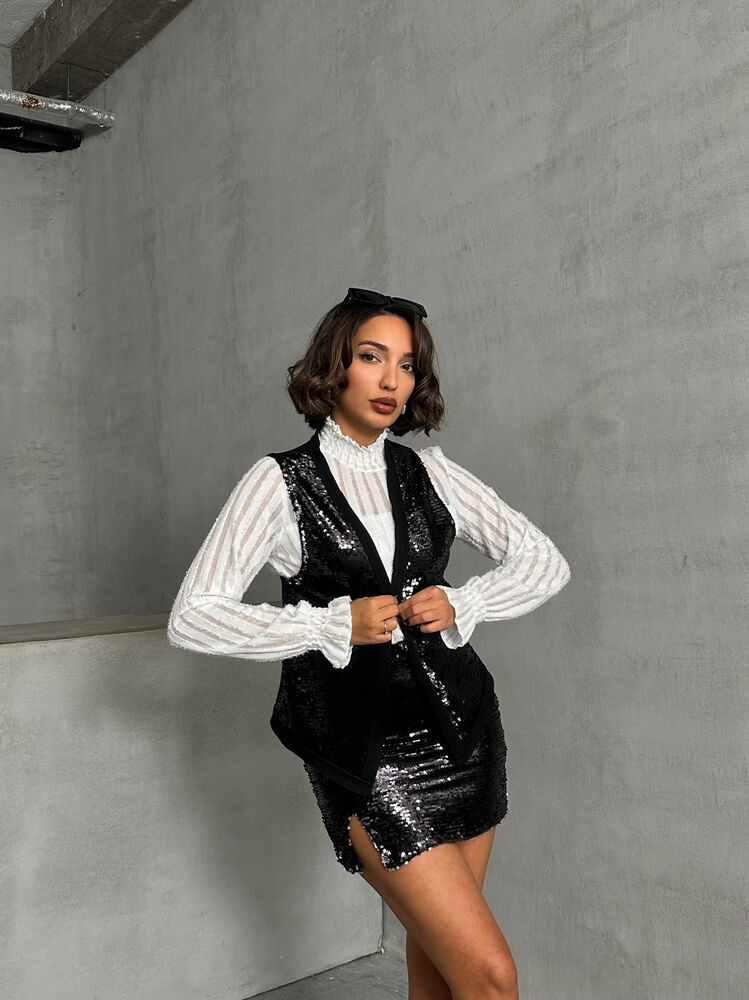 Wholesale Sequin Vest - Black Silver