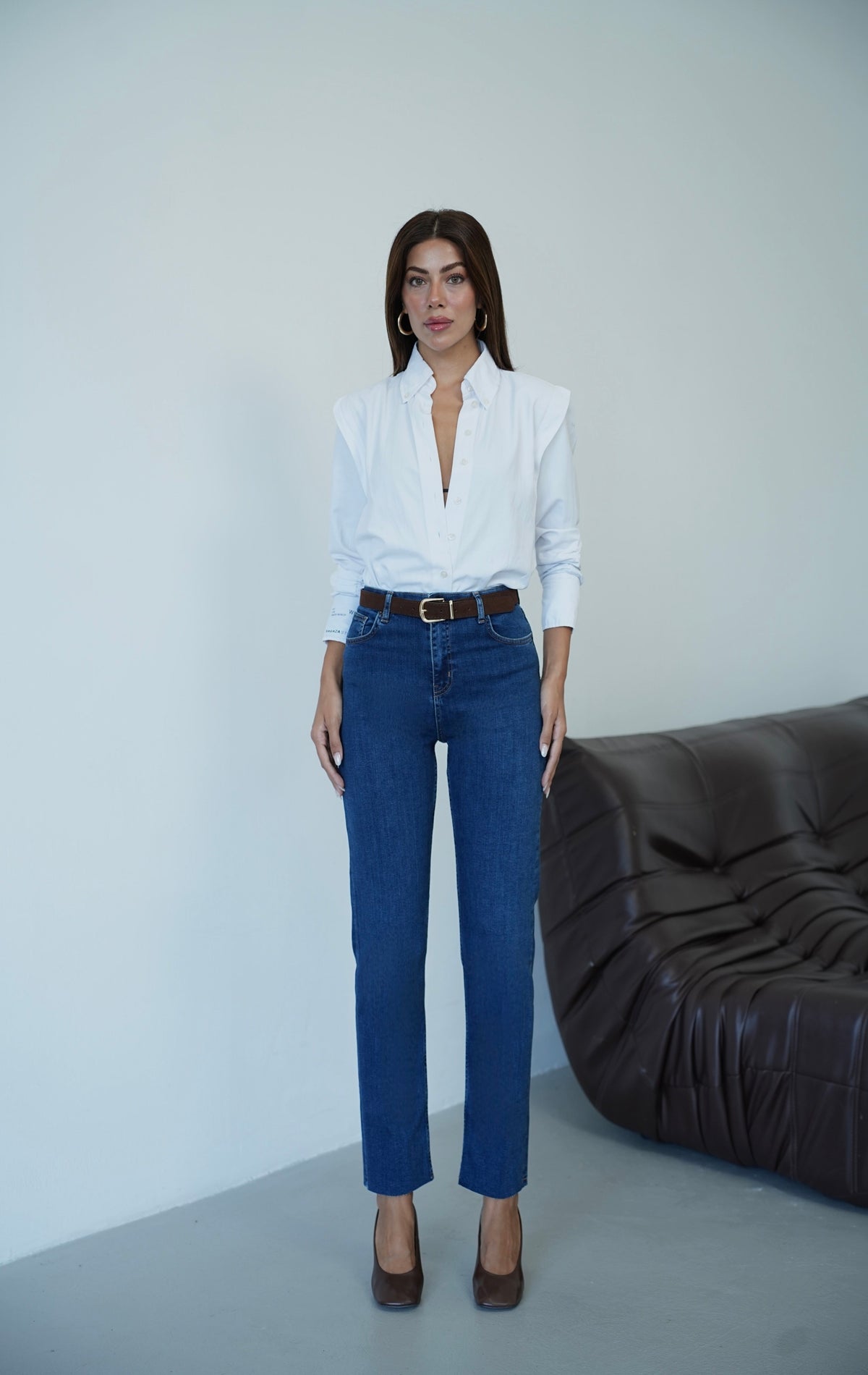 Yüksek Bel Paça Kesik Kemer Detaylı Kadın Dark Blue Jean Pantolon