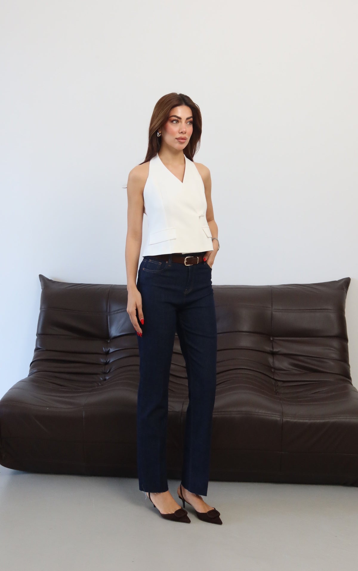 Pantaloni Jean Rinse cu Talie Înaltă, Crac Tăiat și Curea
