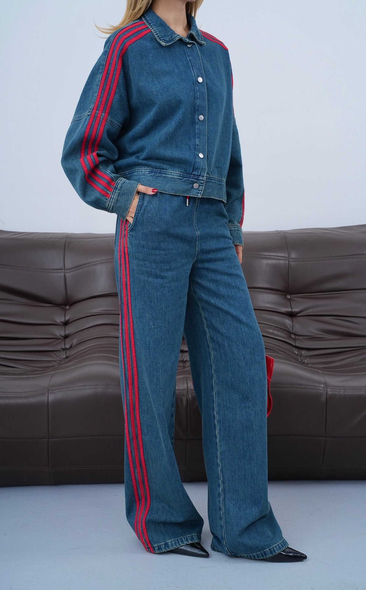 Yanlar Kırmızı Şerit Detaylı Wide Leg Kalıp Bel Lastikli Pantolon Gömlek Görünüm Ceket Dark Blue Tint Jean Takım