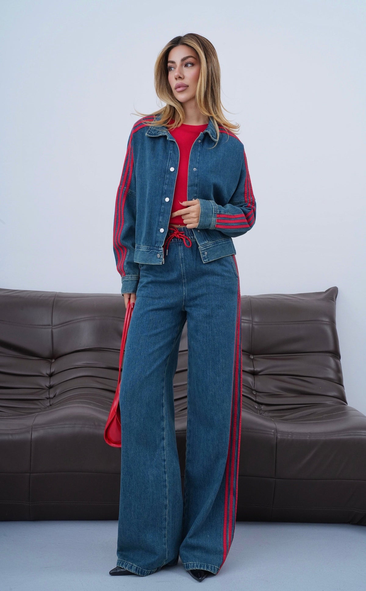 Yanlar Kırmızı Şerit Detaylı Wide Leg Kalıp Bel Lastikli Pantolon Gömlek Görünüm Ceket Dark Blue Tint Jean Takım