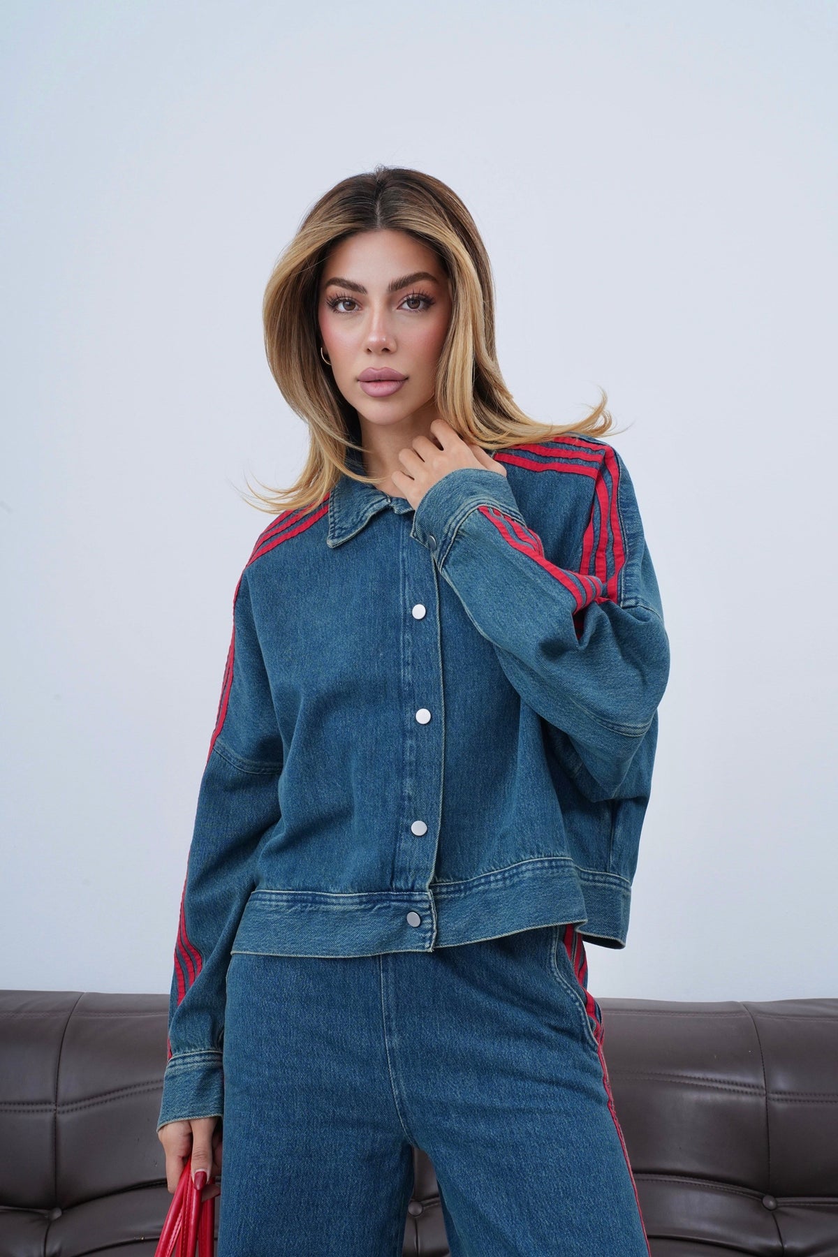 Yanlar Kırmızı Şerit Detaylı Wide Leg Kalıp Bel Lastikli Pantolon Gömlek Görünüm Ceket Dark Blue Tint Jean Takım
