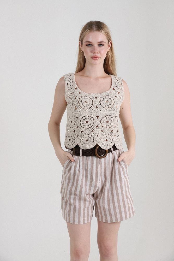 Pantaloni scurți din in cu dungi și curea Topshow Stone, en-gros