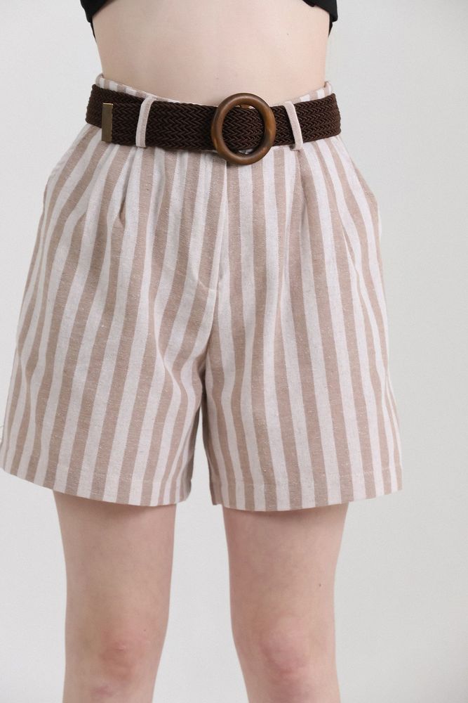 Pantaloni scurți din in cu dungi și curea Topshow Stone, en-gros