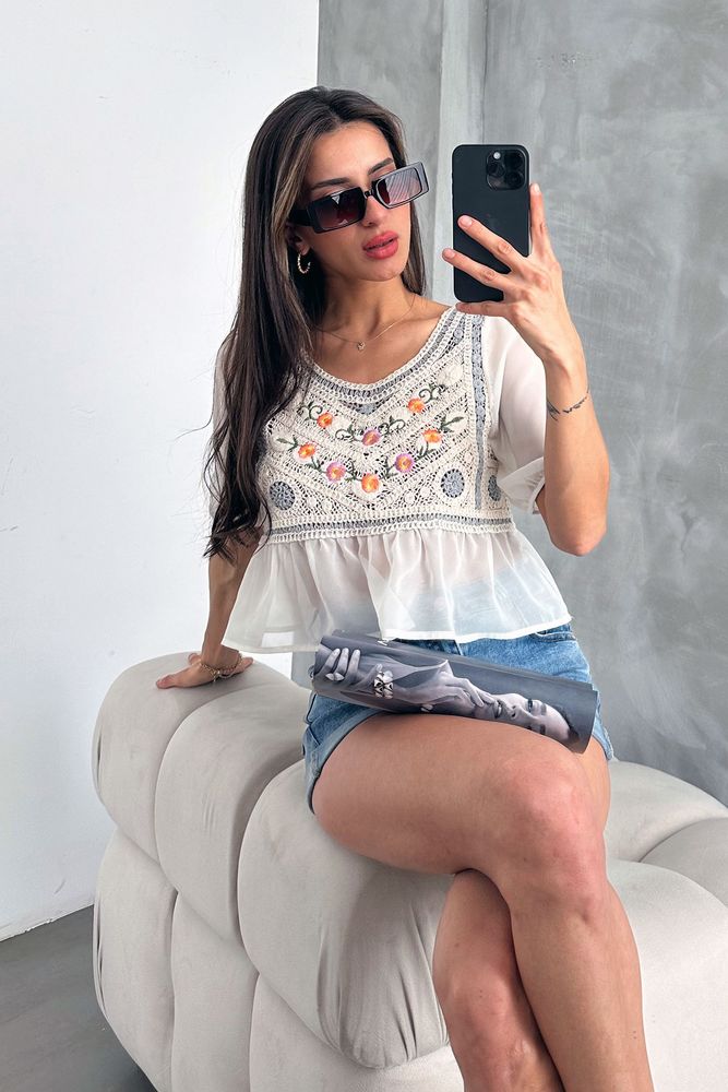 Topshow Stone Grey Embroidered Wholesale Blouse