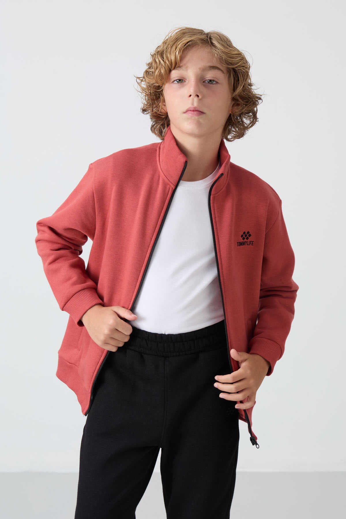 Tommylife Toptan 7-15 Yaş Dik Yaka Erkek Çocuk Eşofman Takımı 11256 Kiremit - Siyah