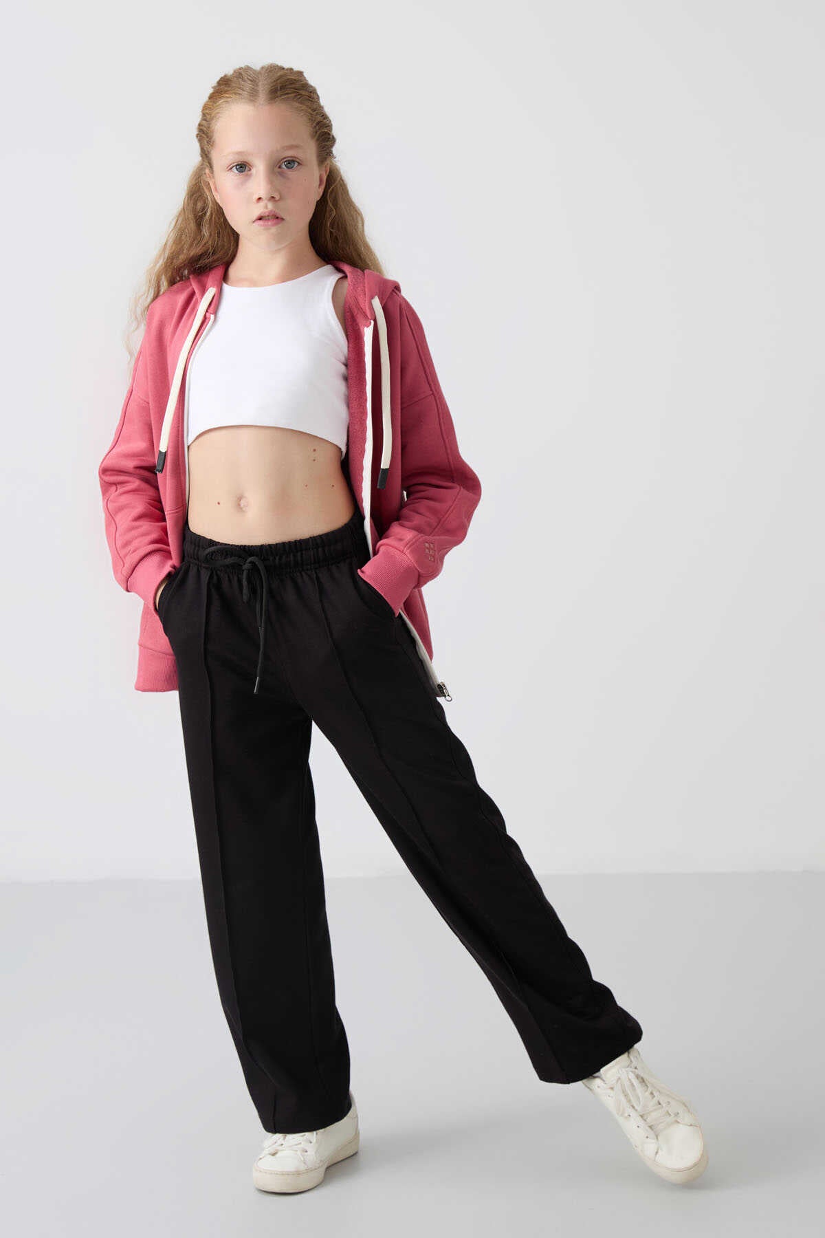 Tommylife Toptan 7-15 Yaş Geniş Paça Standart Kalıp Kız Çocuk Eşofman Alt 75144 Siyah