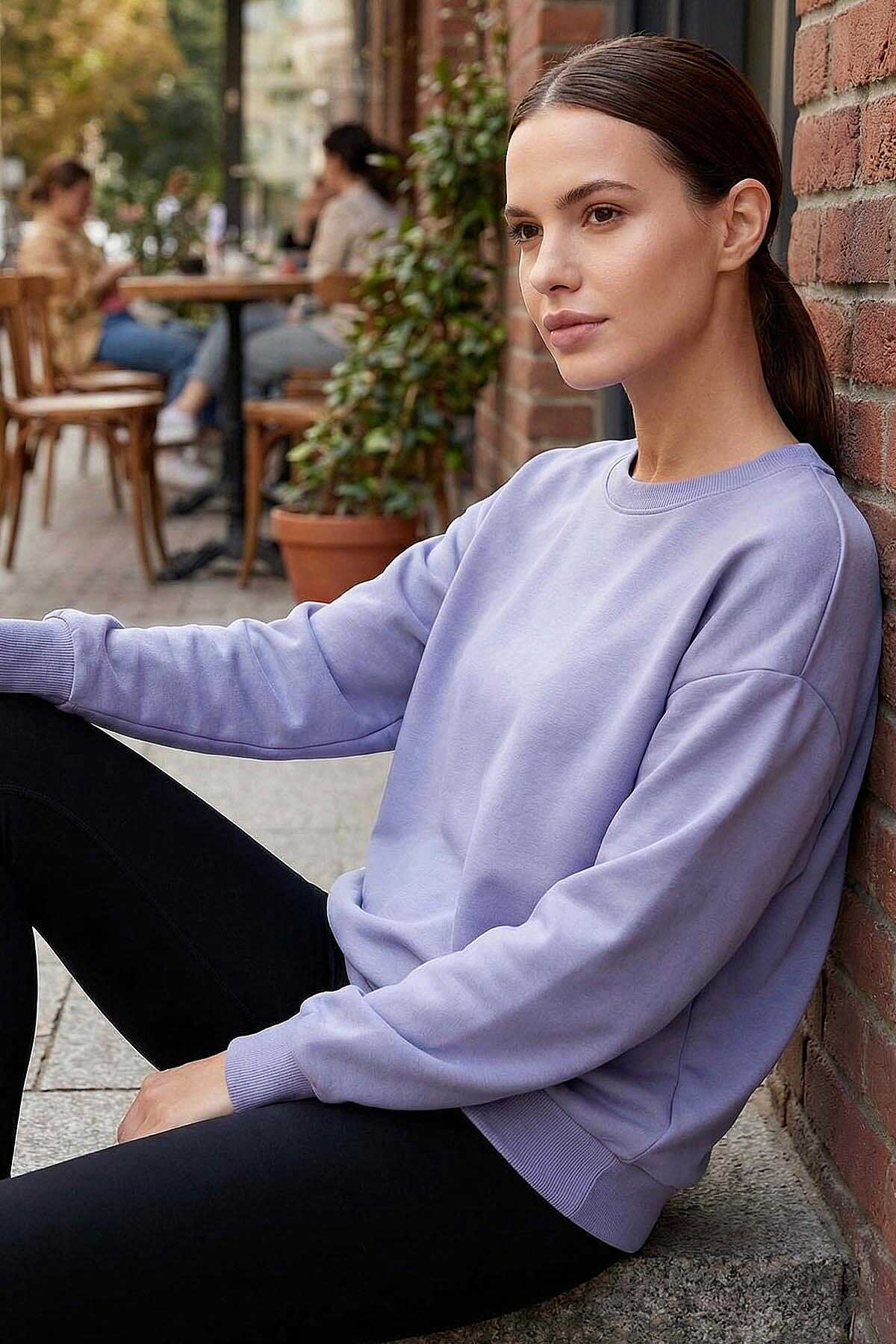 Tommylife Toptan Açık Eflatun Basic O Yaka Oversize Kadın Sweatshirt - 97053