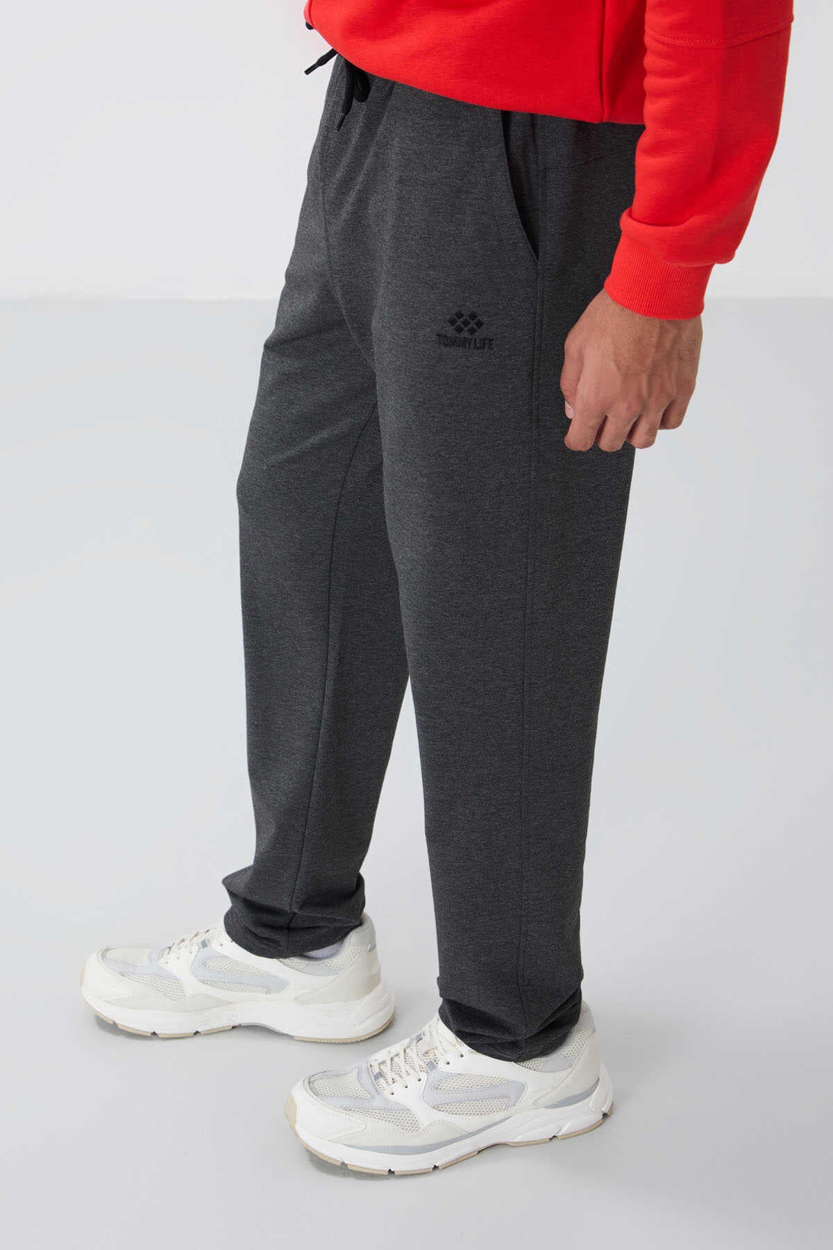 Tommylife Toptan Antrasit Melanj Bağcıklı Cepli Standart Kalıp Klasik Paça Erkek Eşofman Alt - 84682