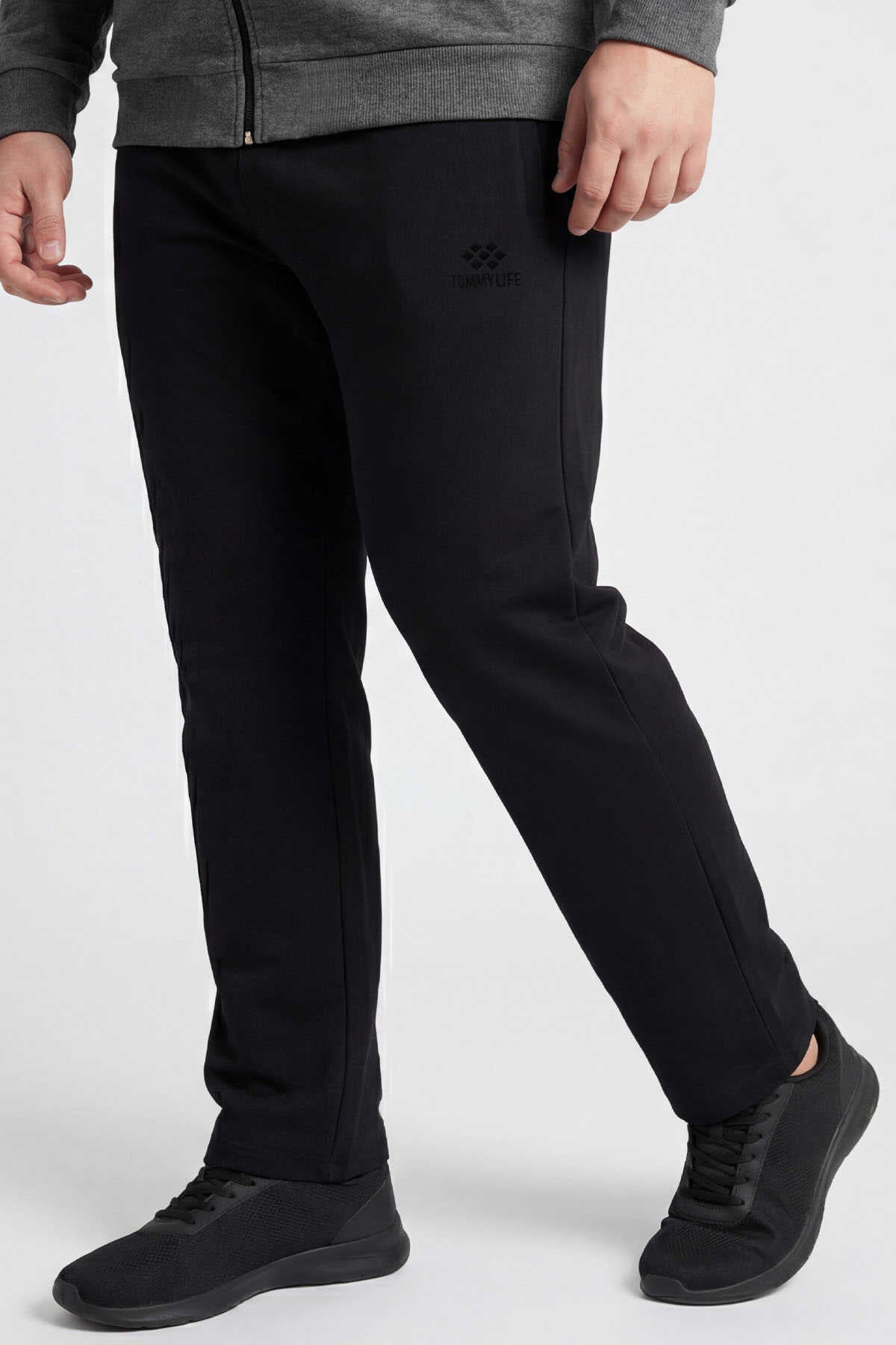Tommylife Wholesale Anthracite Melange - Black Stand Collar Classic Leg Plus Size Men's Tracksuit Set - 85176