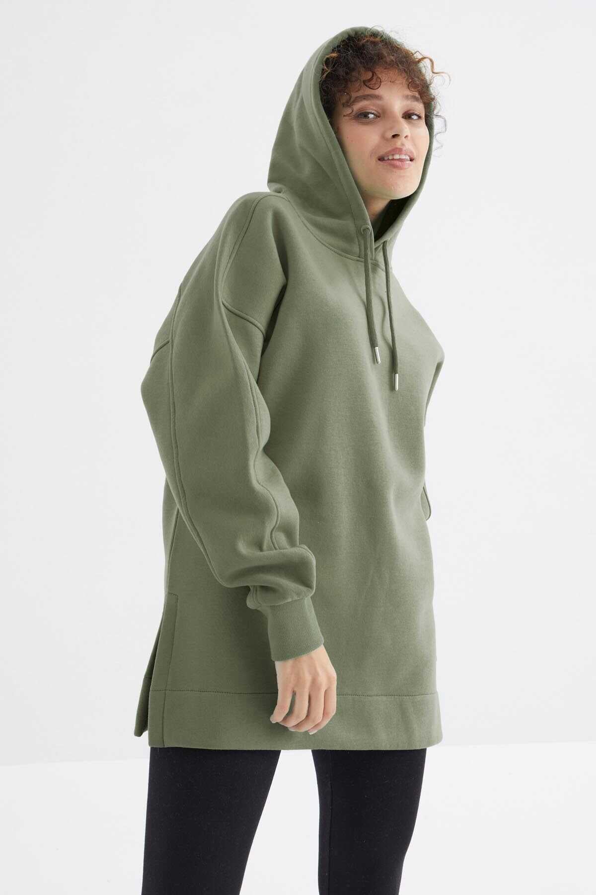 Tommylife Toptan Çağla Reglan Kol Basic Kapüşonlu Oversize Tunik - 97242
