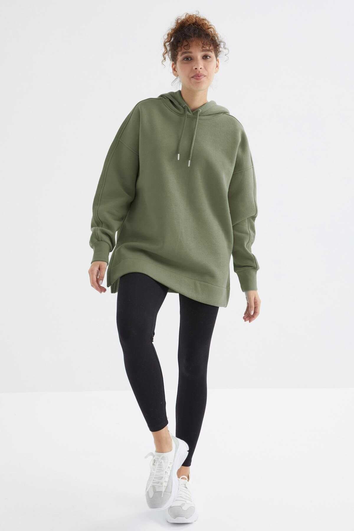 Tommylife Toptan Çağla Reglan Kol Basic Kapüşonlu Oversize Tunik - 97242