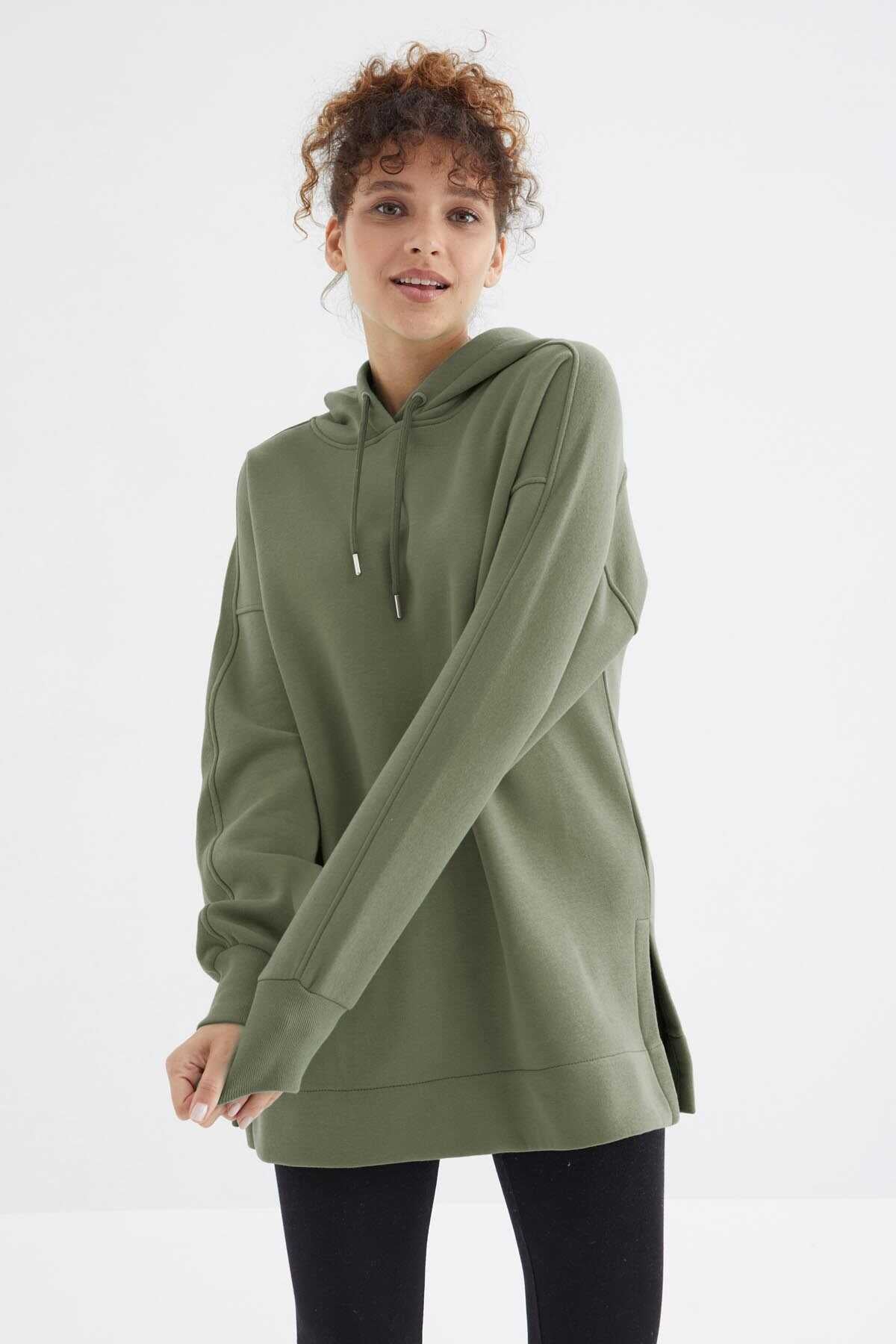 Tommylife Toptan Çağla Reglan Kol Basic Kapüşonlu Oversize Tunik - 97242