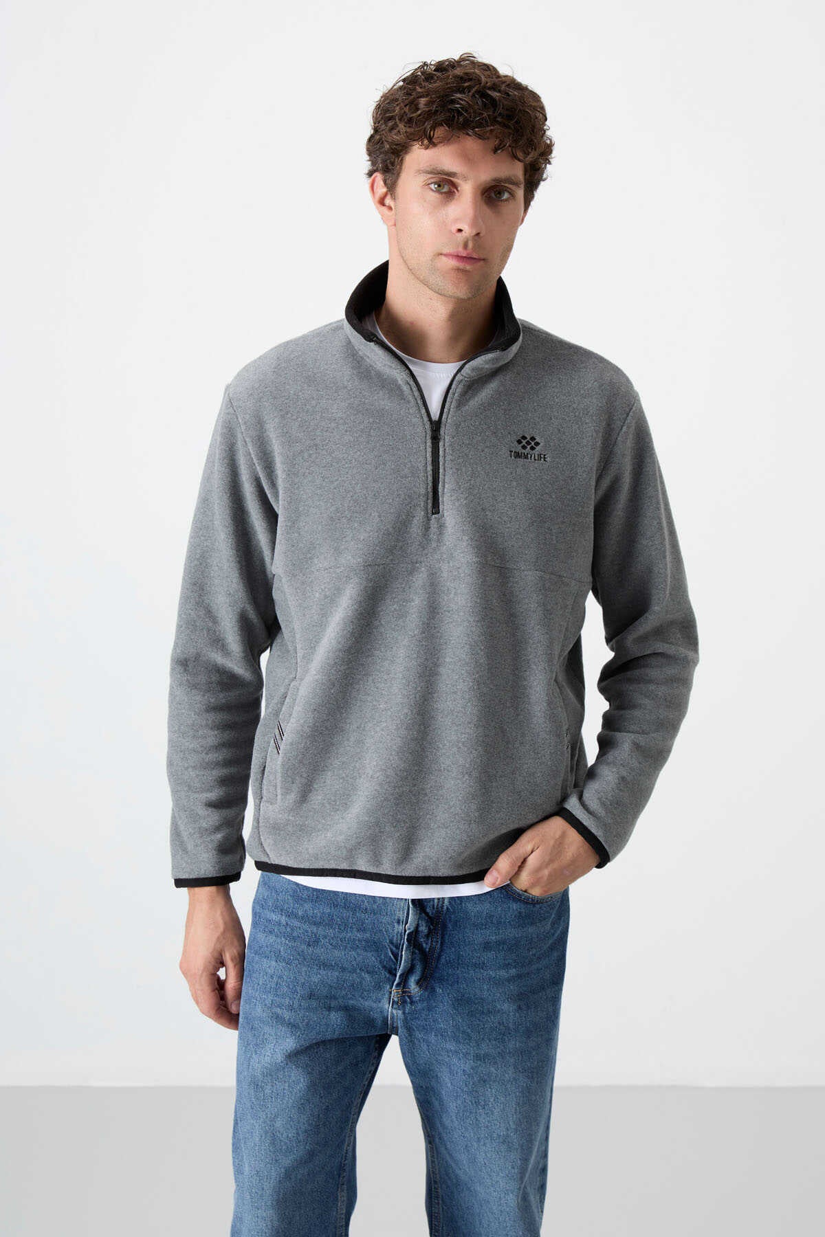 Hanorac din fleece pentru bărbați, cu guler înalt, croială slim fit și fermoar pe jumătate, Tommylife, gri melanj, 87891
