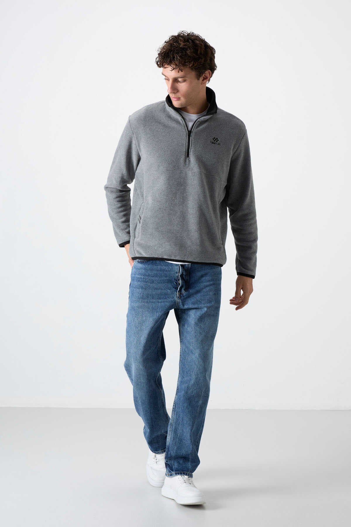 Tommylife Toptan Dik Yaka Dar Kalıp Yarım Fermuar Erkek Polar Sweatshirt 87891 Gri Melanj