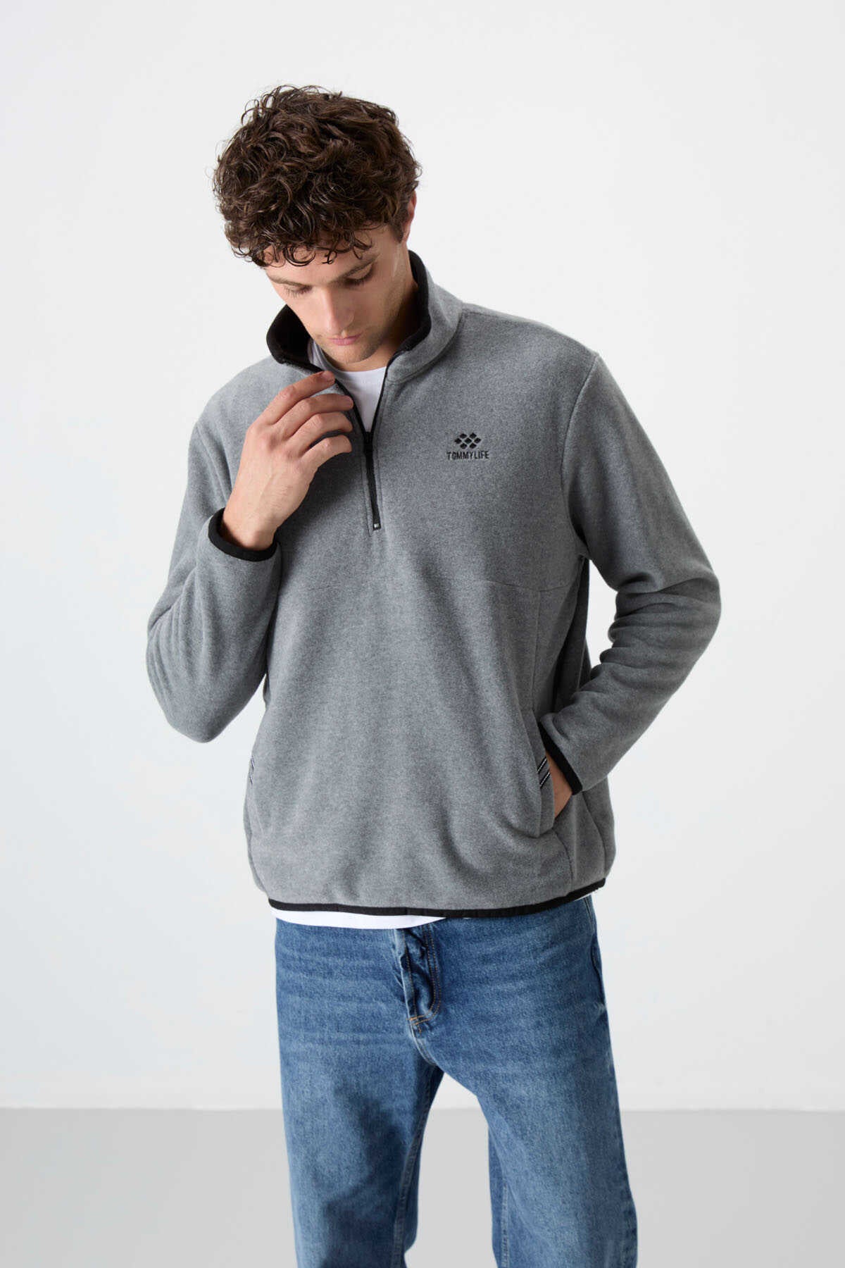 Tommylife Toptan Dik Yaka Dar Kalıp Yarım Fermuar Erkek Polar Sweatshirt 87891 Gri Melanj