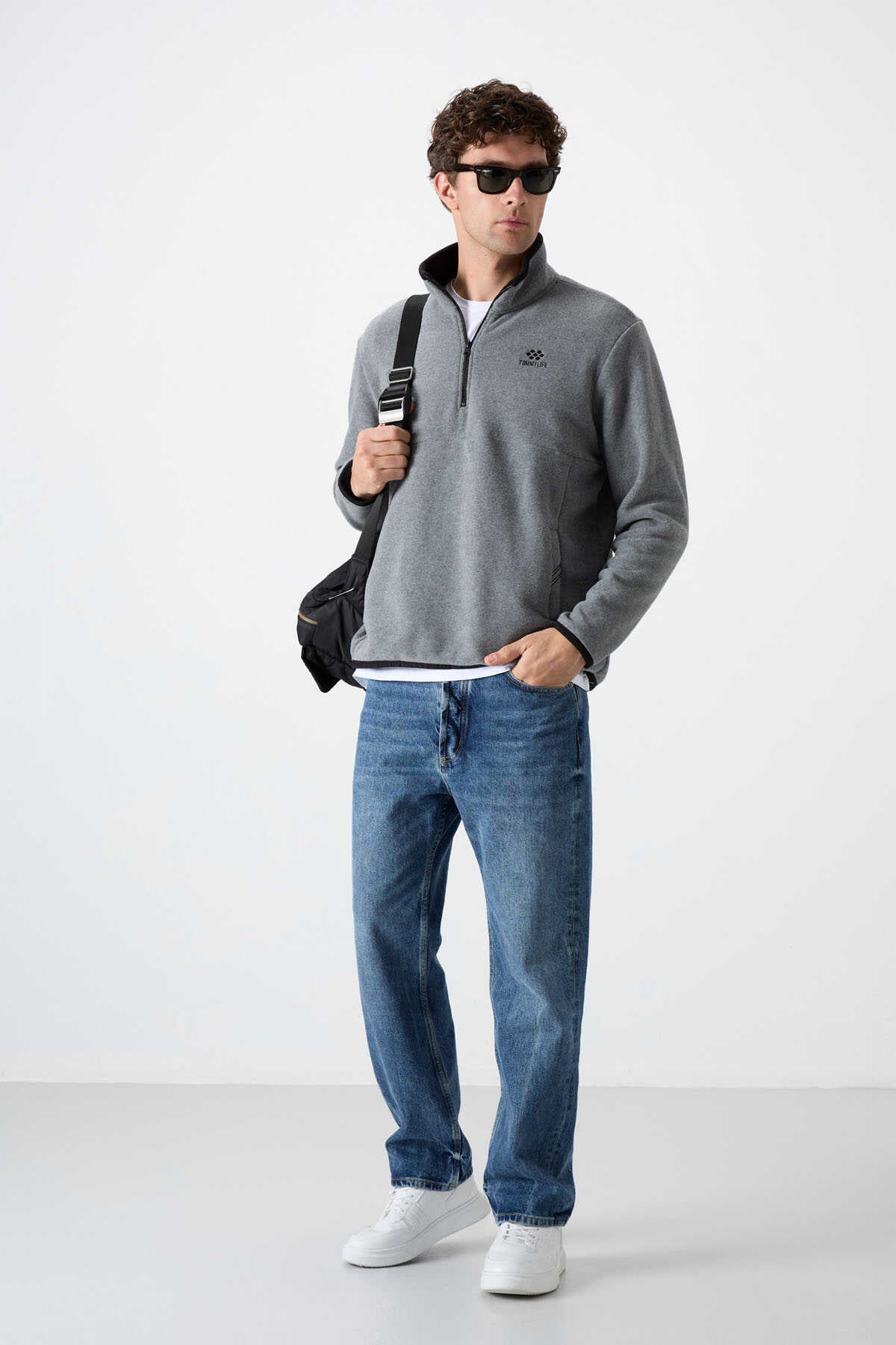 Hanorac din fleece pentru bărbați, cu guler înalt, croială slim fit și fermoar pe jumătate, Tommylife, gri melanj, 87891