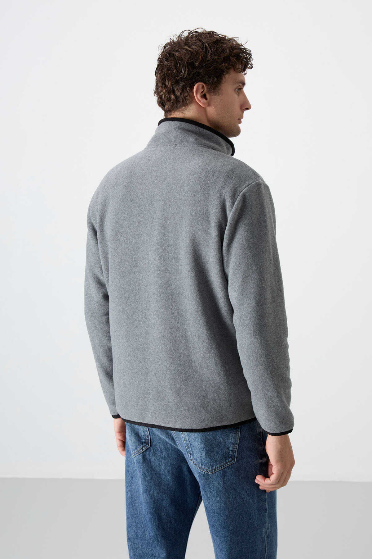 Hanorac din fleece pentru bărbați, cu guler înalt, croială slim fit și fermoar pe jumătate, Tommylife, gri melanj, 87891