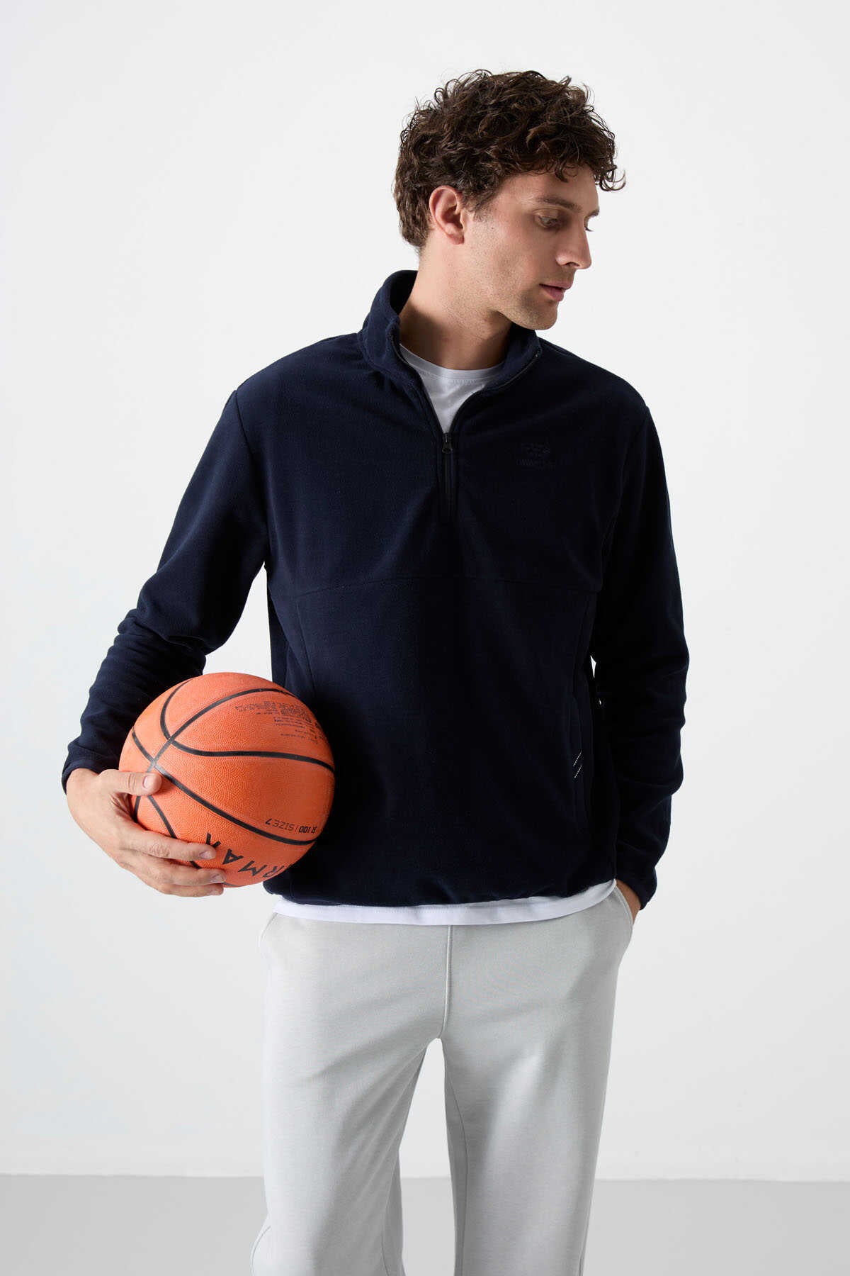 Tommylife Toptan Dik Yaka Dar Kalıp Yarım Fermuar Erkek Polar Sweatshirt 87891 Lacivert