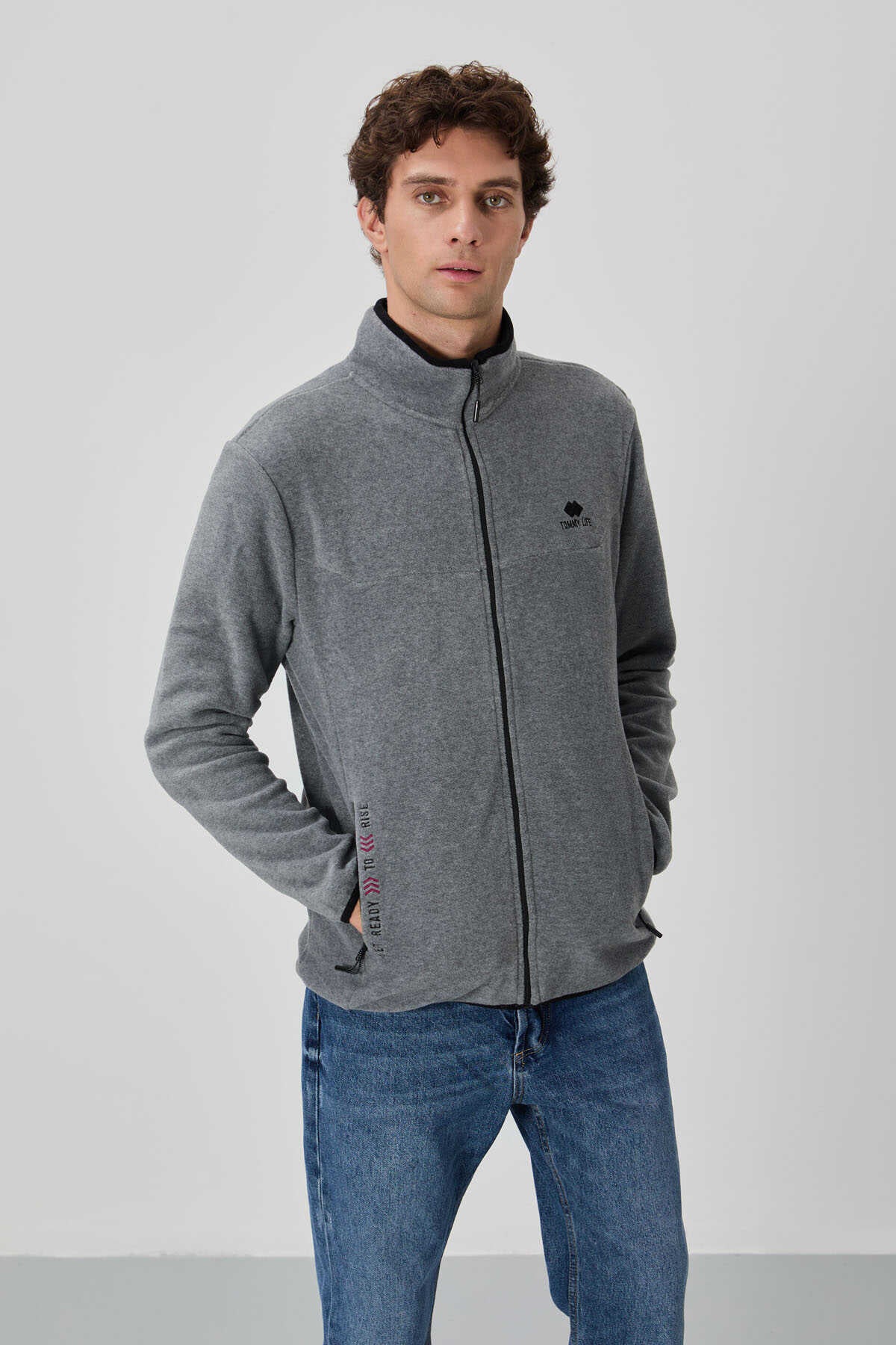 Tommylife Toptan Col Inalt Standard Fit Inchizator Barbati Polar Sweatshirt 87992 Gri Melange