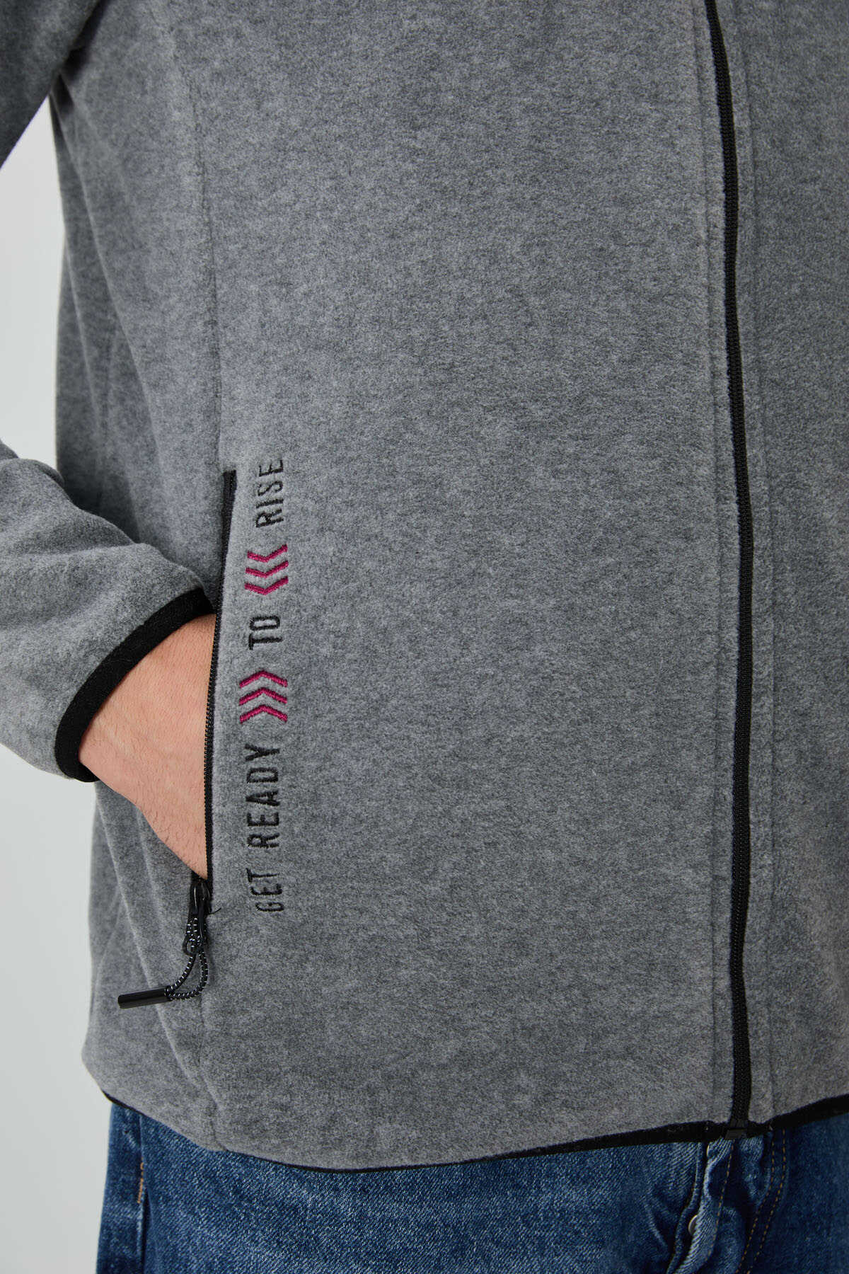 Tommylife Toptan Col Inalt Standard Fit Inchizator Barbati Polar Sweatshirt 87992 Gri Melange
