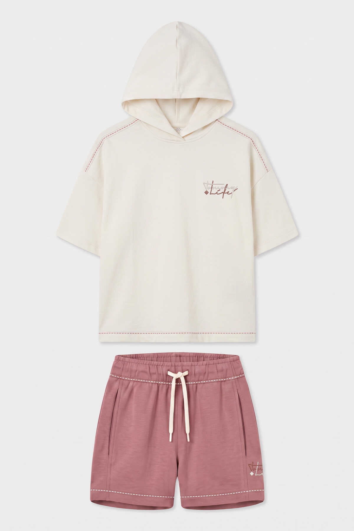 Set pantaloni scurți cu glugă Tommylife Wholesale Off-Rose cu detalii de cusătură pentru fete - 75185