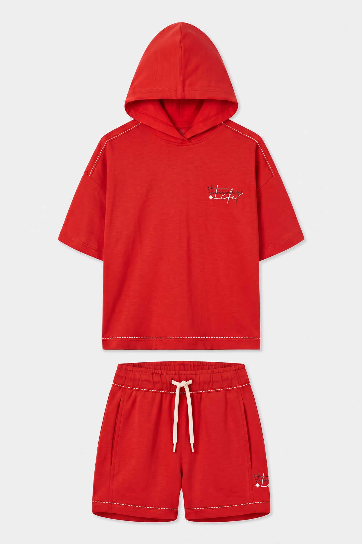 Set pantaloni scurți cu glugă și detalii cusute Tommylife Wholesale Fiesta pentru fete - 75185