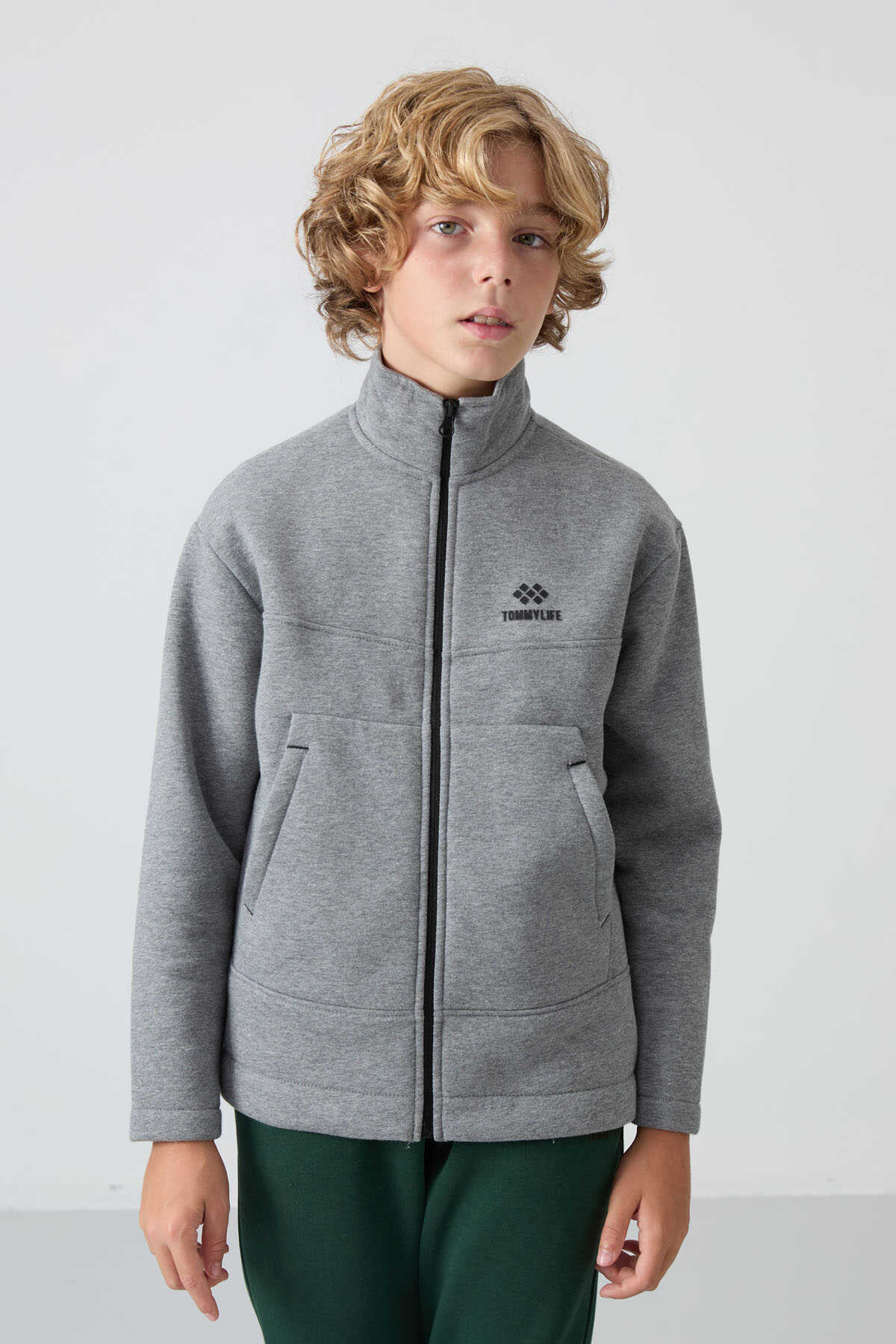 Tommylife Toptan Garson Boy Dik Yaka Standart Kalıp Basic Erkek Çocuk Sweatshirt 11245 Gri Melanj