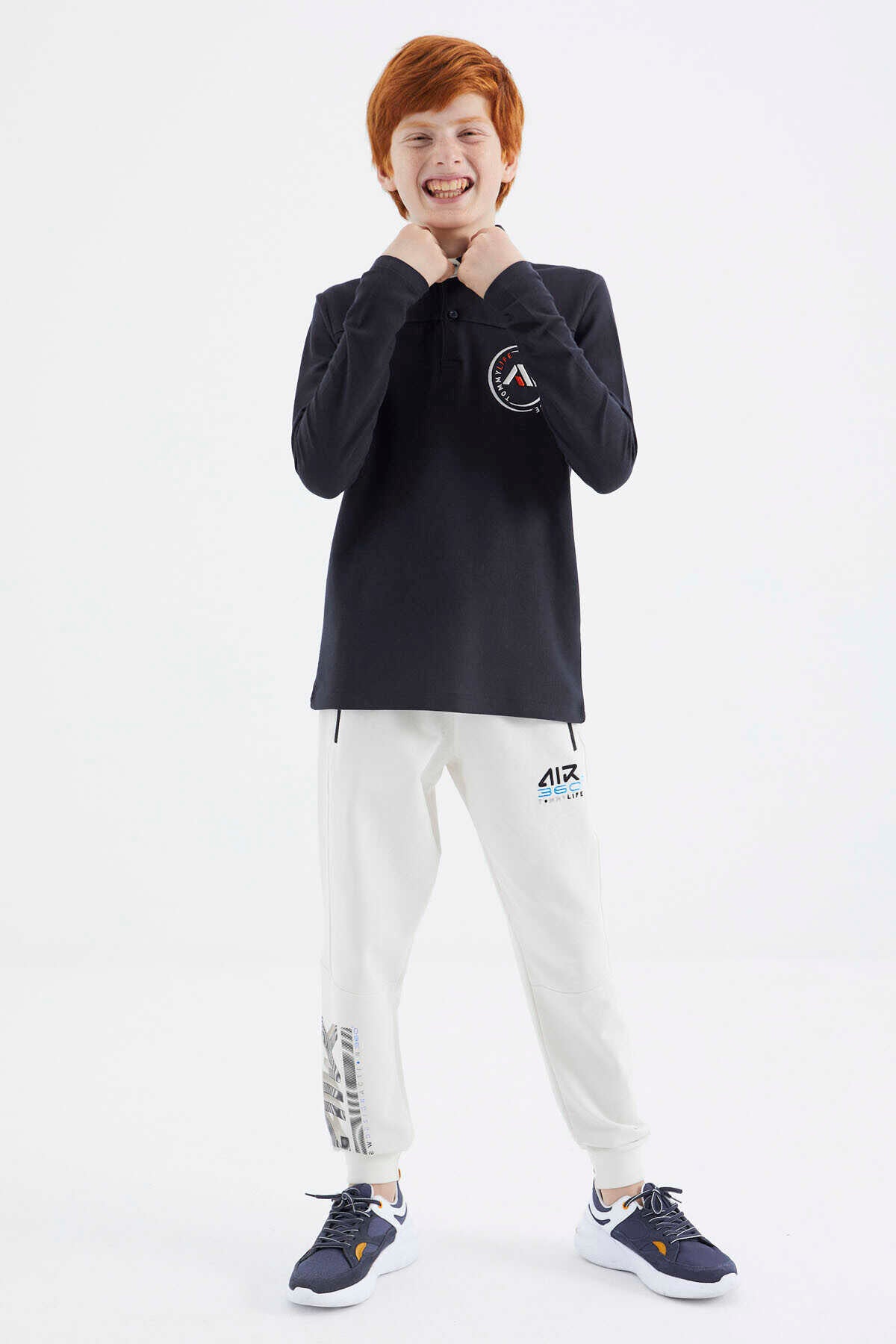 Tommylife Toptan Garson Boy Polo Yaka Standart Kalıp Basic Erkek Çocuk Sweatshirt 11172 Lacivert