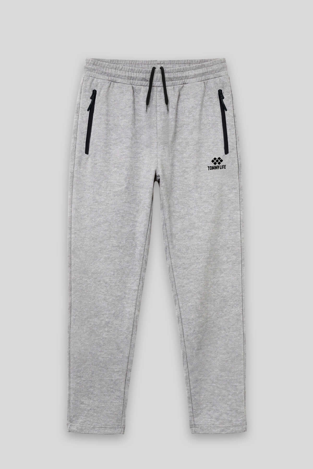 Tommylife Toptan Gri Melanj Basic Belden Bağcıklı Klasik Paça Erkek Büyük Beden Eşofman Alt - 84844