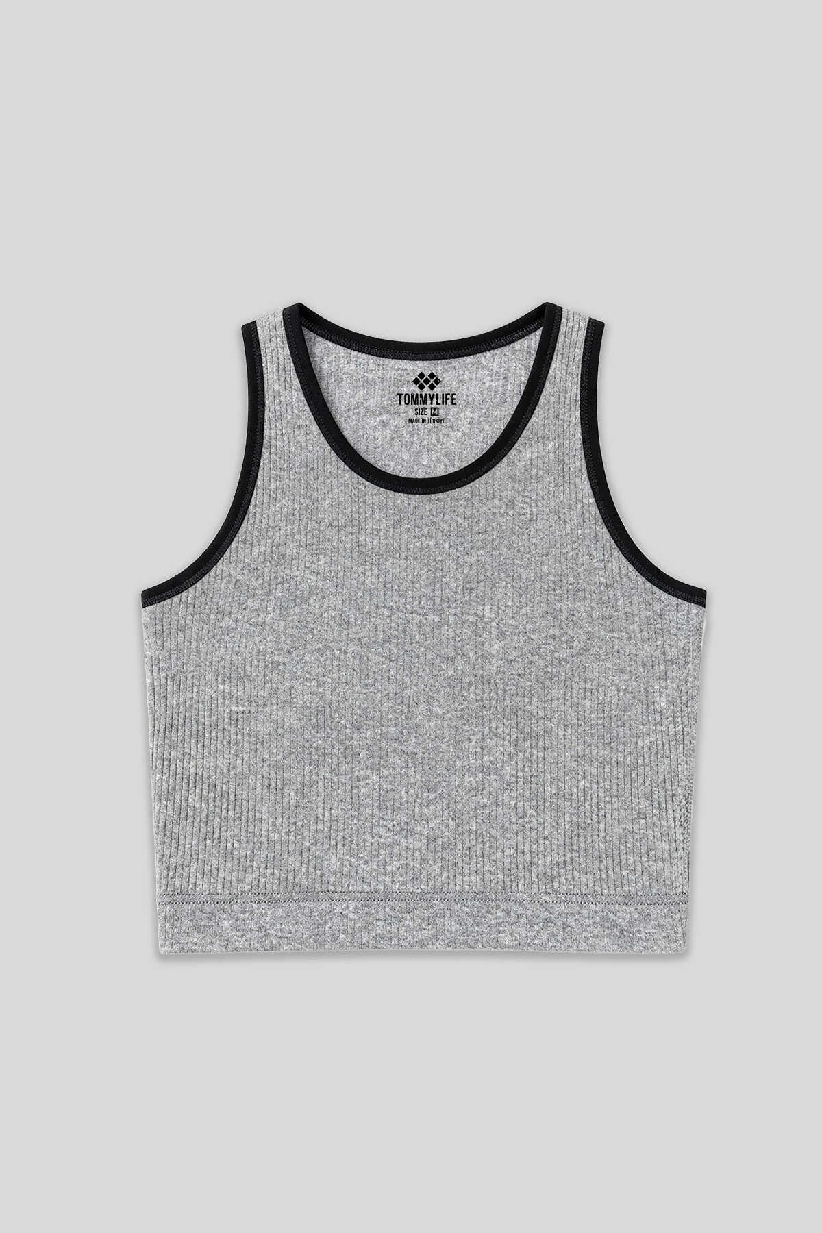 Top scurt pentru femei Tommylife Wholesale, gri melanj, fără mâneci, croială slim fit, cu decolteu în U - 97160