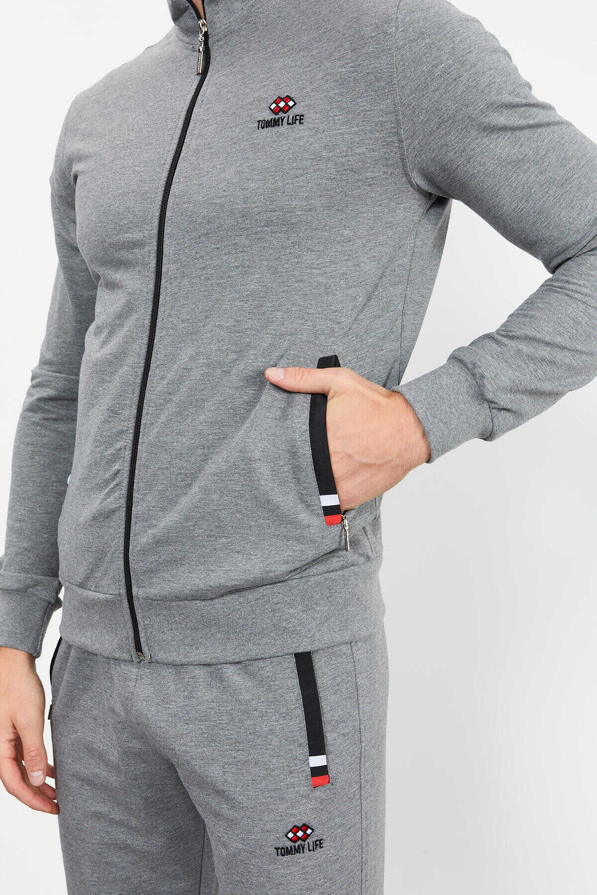 Tommylife Angro Gri Melanj Guler Vertical Fermoar Confortabil Form Clasic Croit Bărbat Trening Complet - 85072