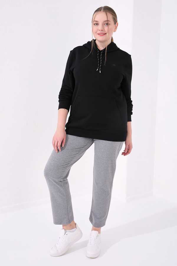 Tommylife Angro Gri Melanj Clasic Croit Detalii cu Piatră Femei Talie Mare Trening - 94040