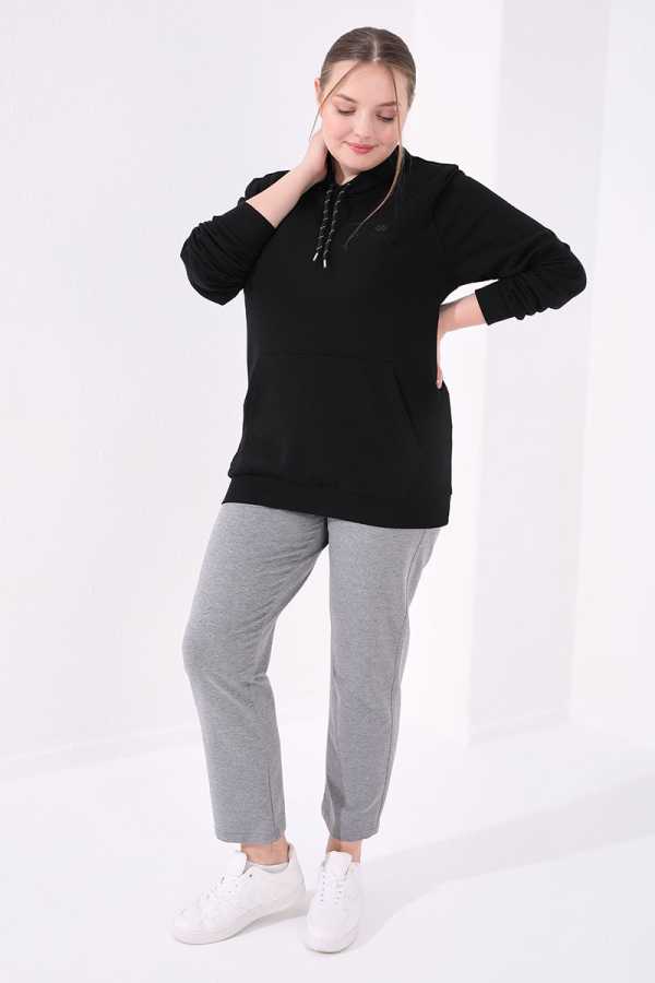 Tommylife Angro Gri Melanj Clasic Croit Detalii cu Piatră Femei Talie Mare Trening - 94040