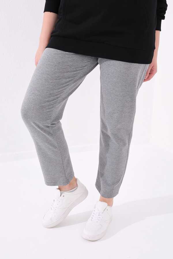 Tommylife Angro Gri Melanj Clasic Croit Detalii cu Piatră Femei Talie Mare Trening - 94040