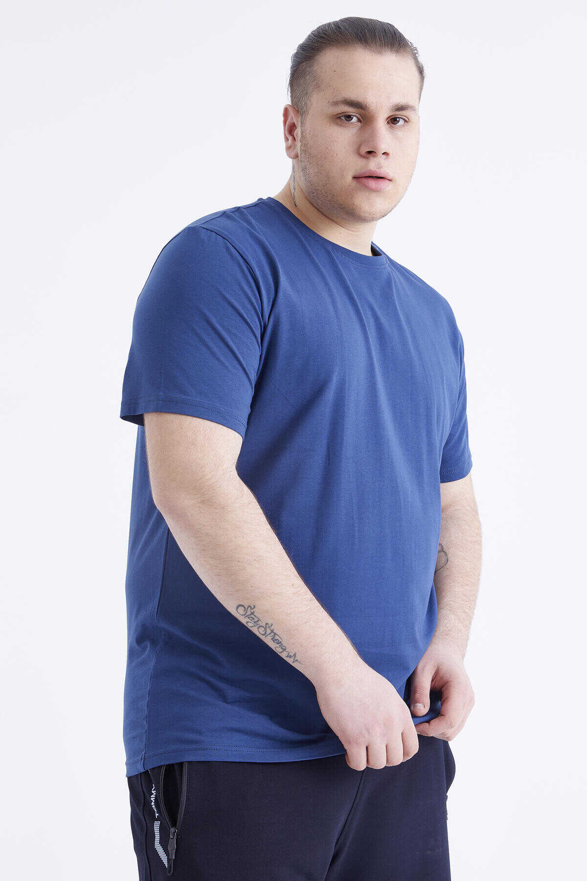 Tommylife Toptan İndigo Basic Kısa Kol O Yaka Büyük Beden Erkek T-Shirt - 88072
