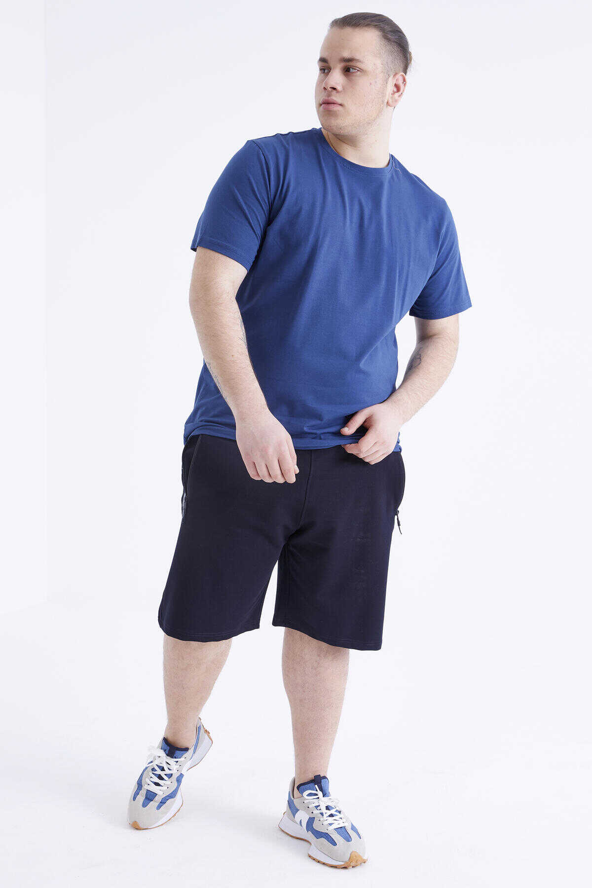 Tommylife Toptan İndigo Basic Kısa Kol O Yaka Büyük Beden Erkek T-Shirt - 88072