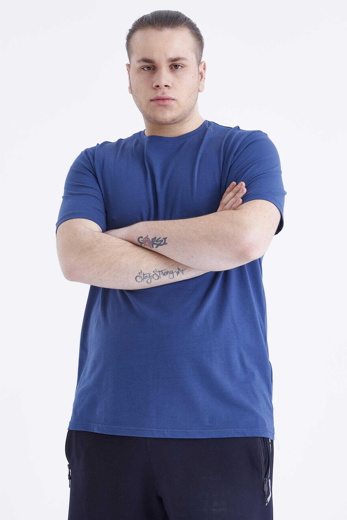 Tommylife Toptan İndigo Basic Kısa Kol O Yaka Büyük Beden Erkek T-Shirt - 88072
