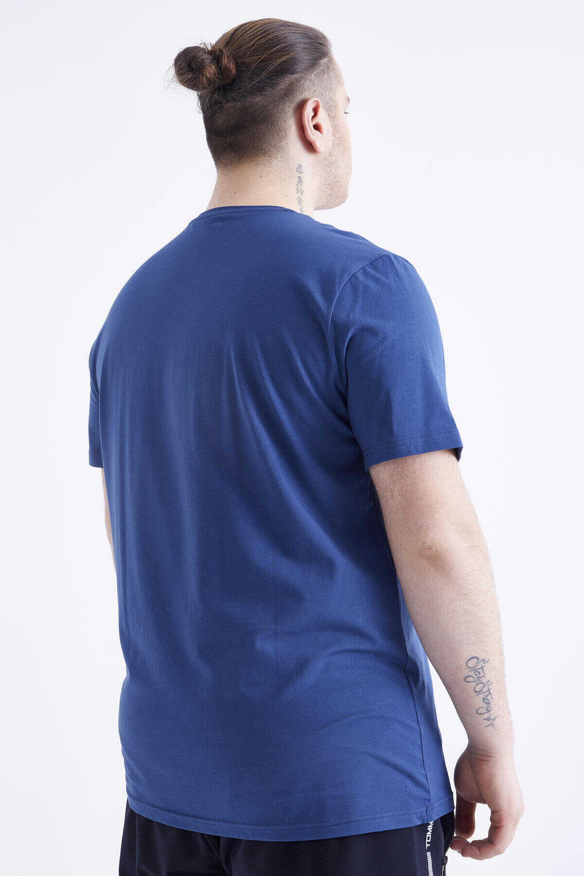 Tommylife Toptan İndigo Basic Kısa Kol O Yaka Büyük Beden Erkek T-Shirt - 88072